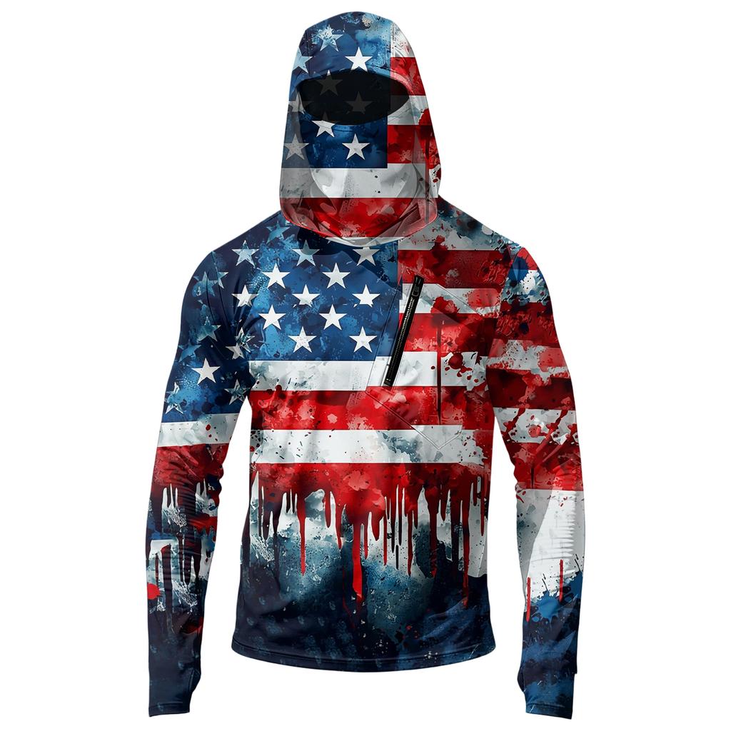 Men's Long Sleeve Hooded Sweatshirt with Flag Print Lightweight Pullover Casual Hooded Top with Front Zipper Pocket