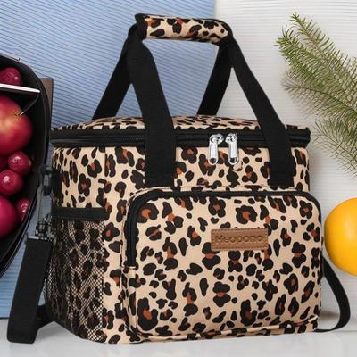 Bolsa Térmica para Almoço à Prova de Vazamento com Estampa de Leopardo, Grande Capacidade de 15L, Tecido Oxford Prensado a Quente, Design Portátil Transversal