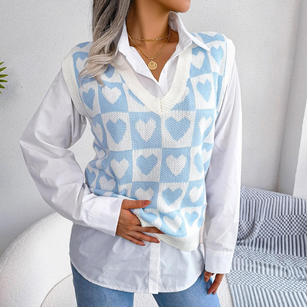Women V-neck College  Love Knitted Vest Sweater Vest