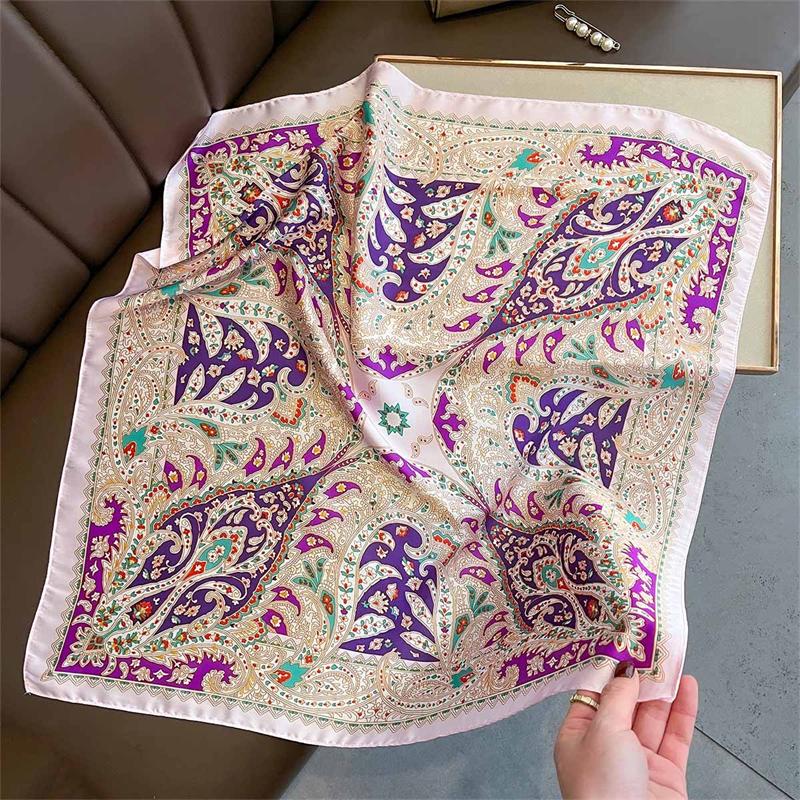 Vibrant Purple Luxury Square Scarf Women 70x70cm Silk Scarves Orange Edge Boho Print Spring Summer Beach Cover Bandana Shawl