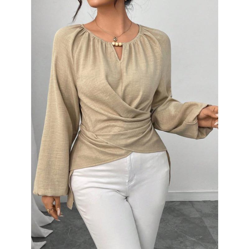 Women S Long Sleeve T Shirt With Tie Strap Irregular Hem Woven Fabric