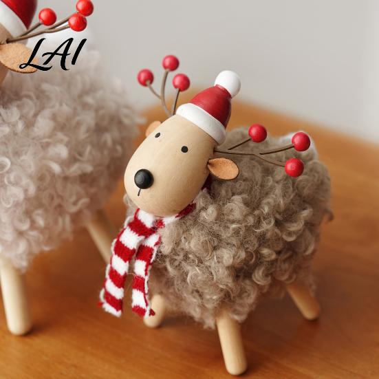 Wooden Lamb Ornaments Christmas Sheep Figurine with Scarf Santa Hat Plush Fleece Versatile Wood Art Pieces Tabletop Ornament Rustic Holiday Desktop