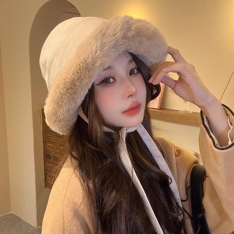 Plush Thickened Furry Mongolian Hat Live Broadcast Same Solid Color Suede Lace Up Ear Protection and Warm Fisherman's Hat