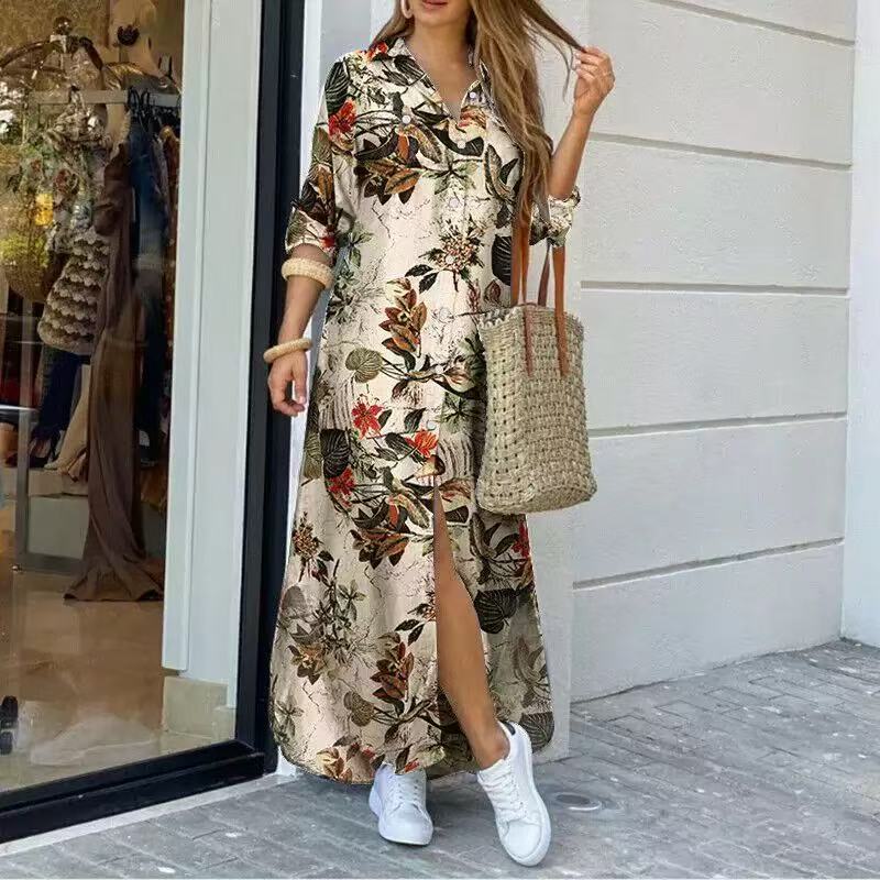 Moda Primavera e Autunno EastRogue Camicia Sexy Monopetto Gonna Lunga Abito Ampio con Revers