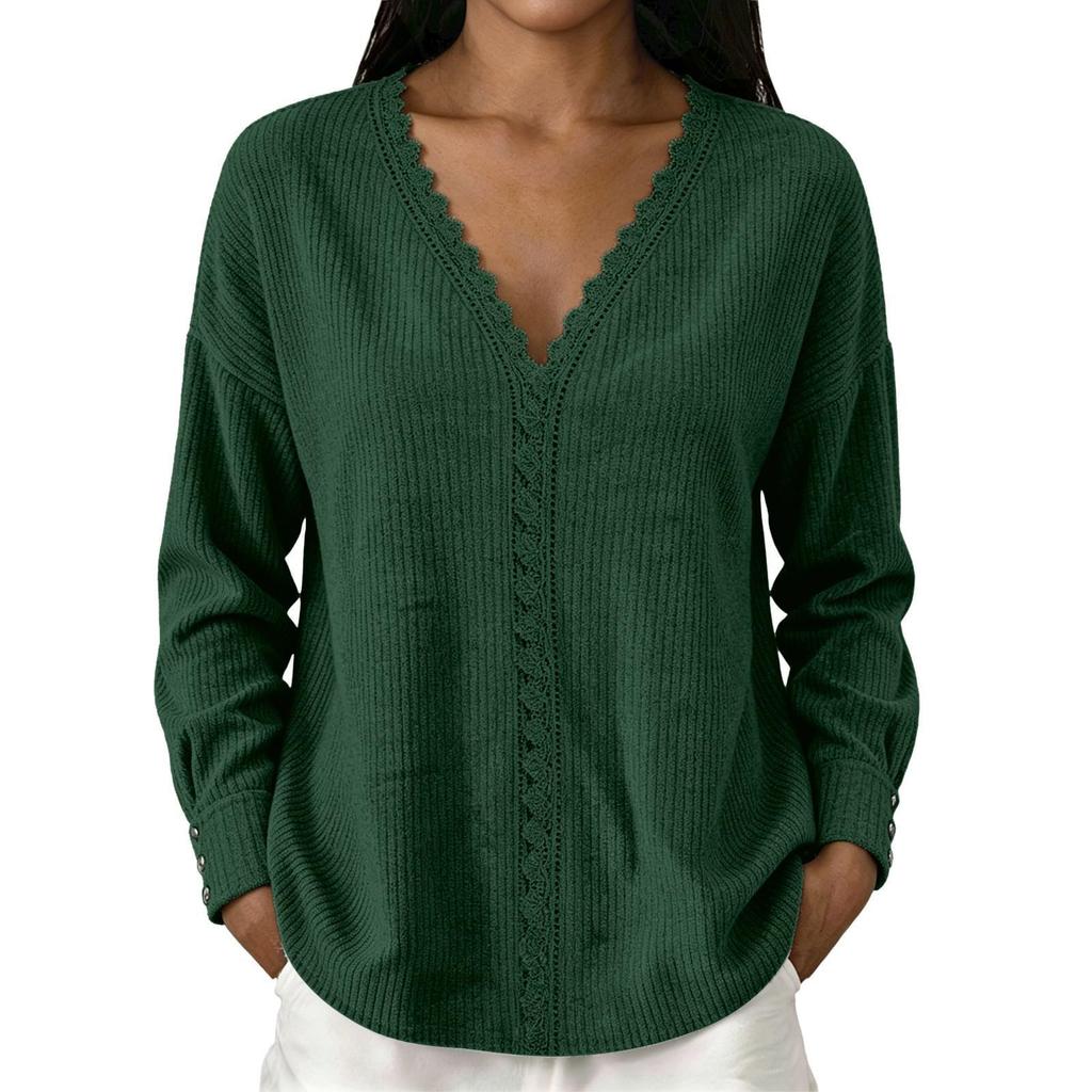 Women's Fashion Color Lace V-Neck Long Sleeve Loose Fit Blouse