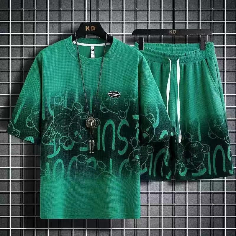 Men's Summer Waffle Ice Silk Two-Piece Casual Suit - Short-Sleeve T-Shirt & Shorts