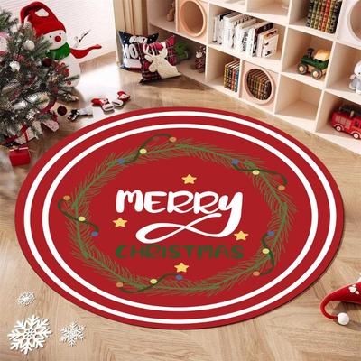 Christmas Round Carpet Holiday Party Decor Floor Mat Santa Gingerbread Bell Snowman Print Anti-slip Rug for Bedroom Living Room