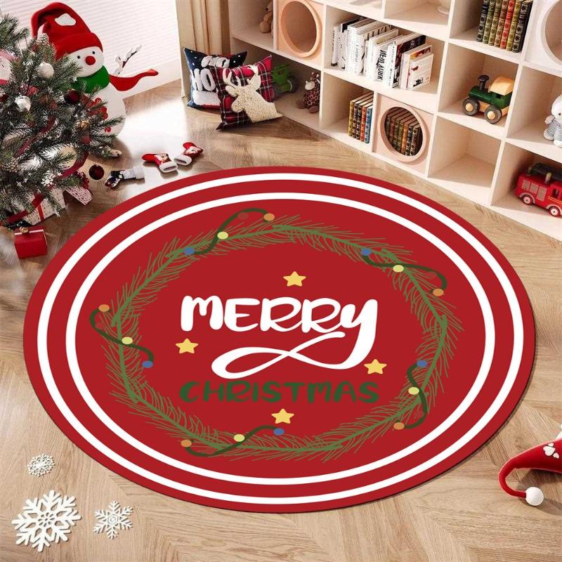 Christmas Round Carpet Holiday Party Decor Floor Mat Santa Gingerbread Bell Snowman Print Anti-slip Rug for Bedroom Living Room