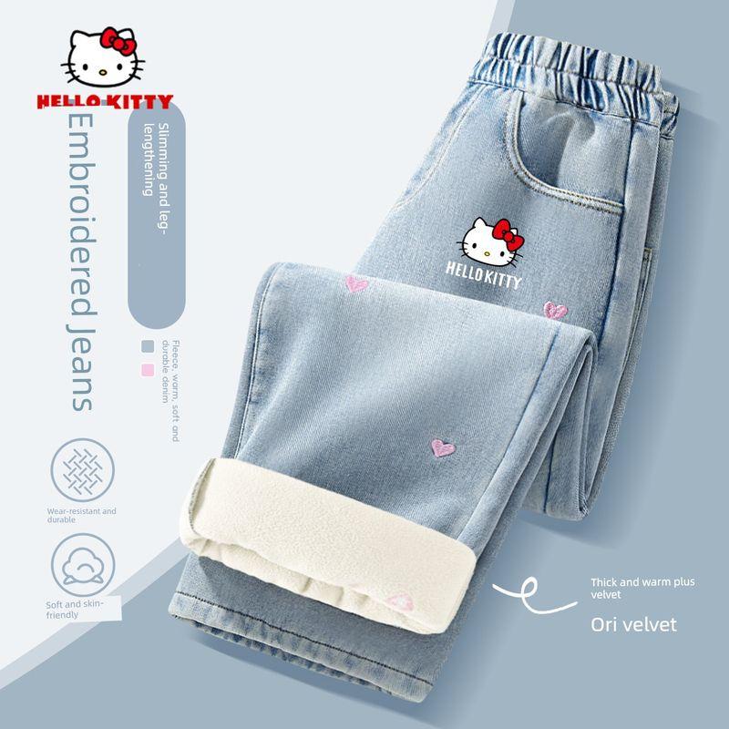 Hellokitty Girls' Fleece-Lined Jeans, Autumn and Winter Integrated Fleece Embroidered Straight-Leg Pants, Stylish Children's Thickened Pants