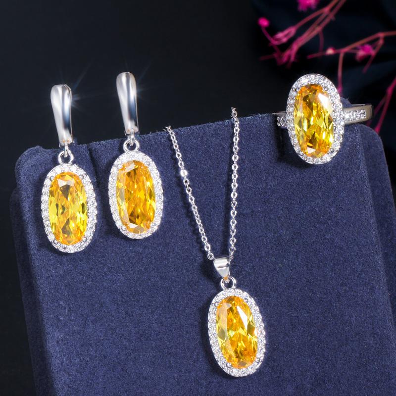 WWJ Super Sparkling Oval Shape Cubic Zirconia Engagement Ring Necklack Earrings Set