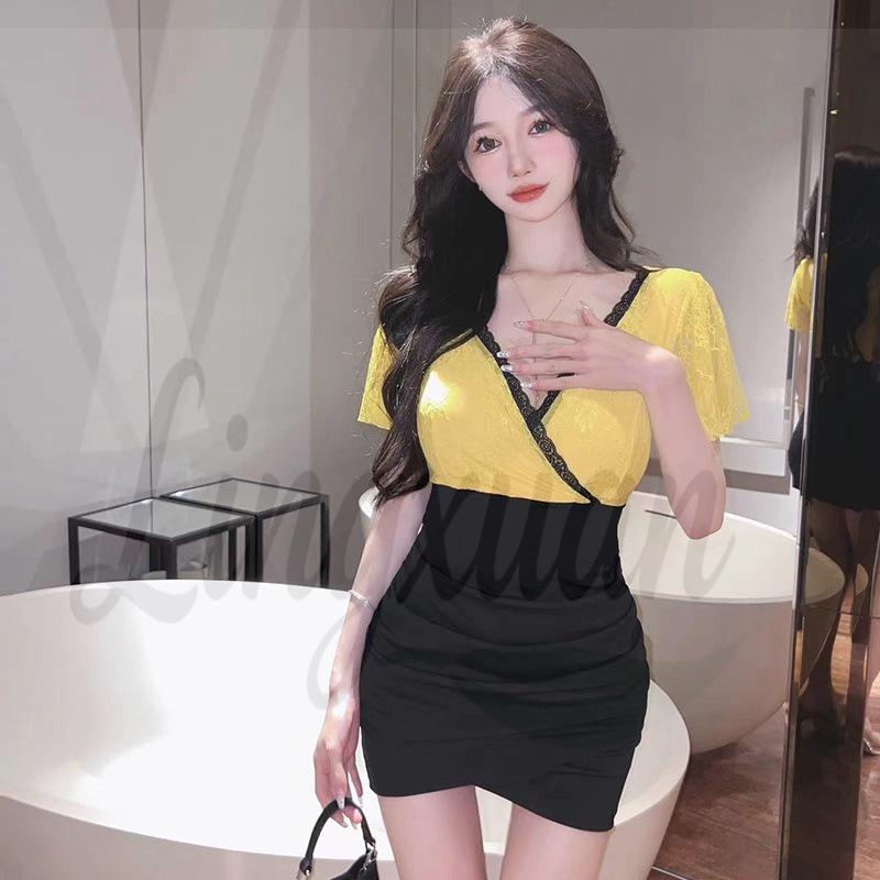 

Deep V-Neck Color-Block Slim-Fit Dress with Irregular Hem Large жёлтый