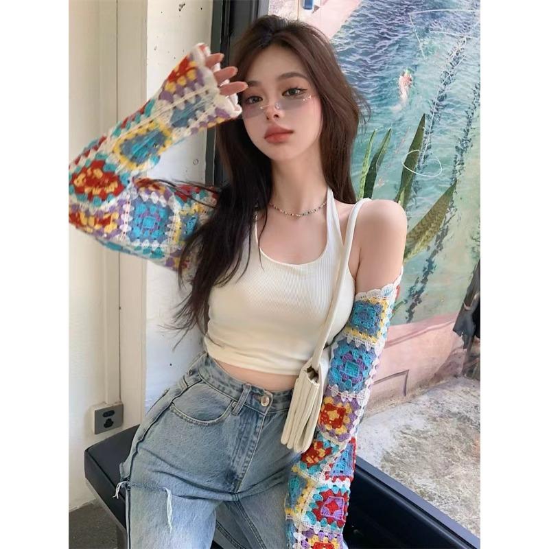 Vintage Colourful Hollow Out Long-sleeved Outer Knitted Cardigan Women's Autumn Cardigan Short Chic Tops