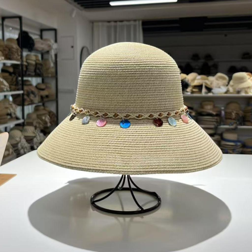 Counter quality pearl woven belt dome elegant straw hat sunshade summer outing wide brim top hat women's sunscreen hat