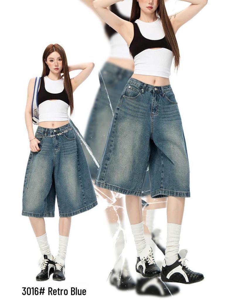 American Retro Women's Denim Five-Point Shorts, 2026 Spring/Summer Collection - Loose, Wide-Leg, Versatile Mid-Length Pants for a Relaxed Fit.