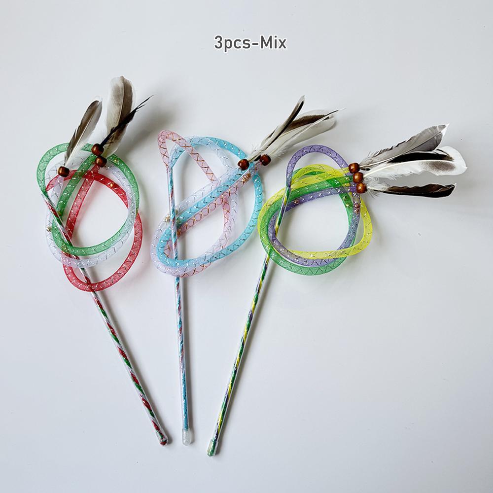 

3pcs Feather Elastic Mesh Tube Cat Toy Teaser Stick Pet Toy
