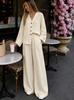 Women's Summer New European and American V-neck Wooden Button Loose Long-sleeve Top, Elastic Waist Wide-leg Pants Two-piece Set