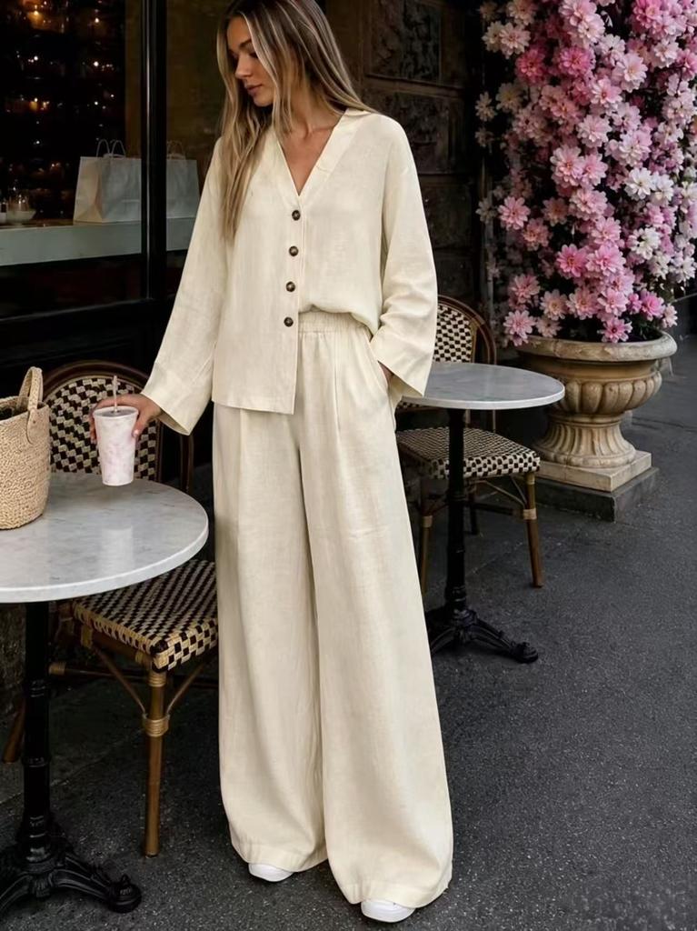 Women's Summer New European and American V-neck Wooden Button Loose Long-sleeve Top, Elastic Waist Wide-leg Pants Two-piece Set