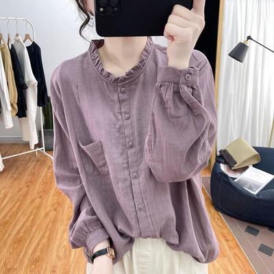 Camisa de Manga Larga para Mujer Primavera Otoño Color Sólido Vintage Ajuste Holgado Moda Versátil Ropa Interior Adelgazante Oute