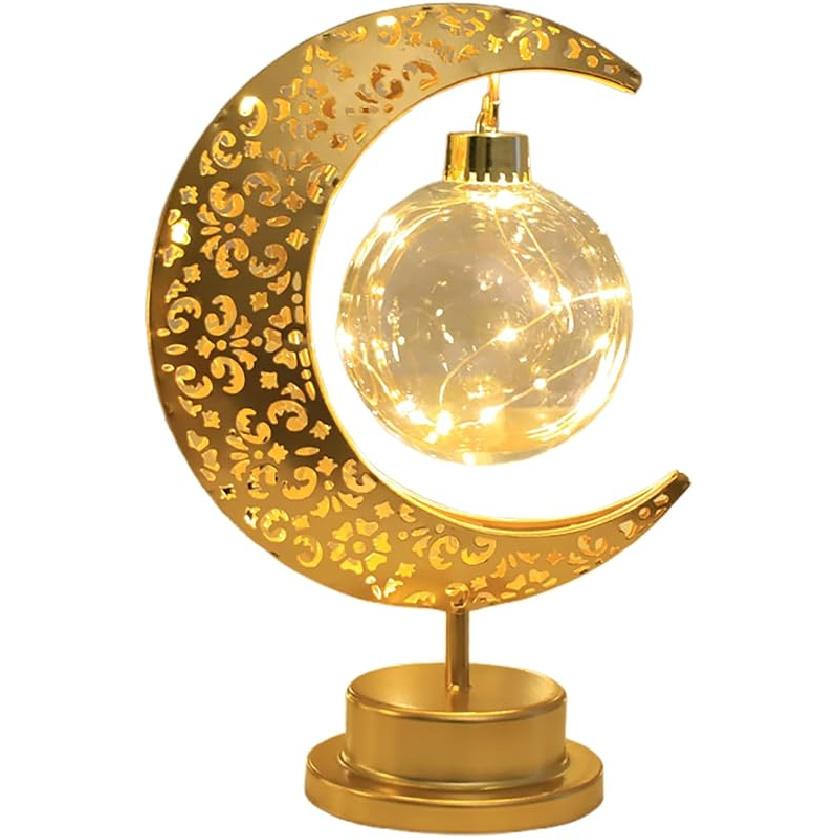 Moon Lamp, Enchanted Lunar Lamp, Crescent Moon LED Light, Moon Table Lamp Half Moon Light Metal Ramadan Star Lamp, Battery Operated Table Lamp for