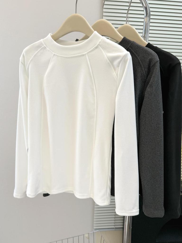Women's Loose Fit Thermal Fleece T-Shirt - Solid Color, Round Neck, Long Sleeve, Korean Style for Autumn and Winter