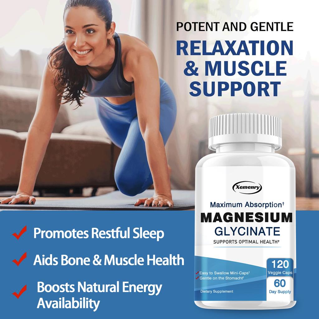 Magnesium Glycinate 500mg Capsules, Maximum Absorption Magnesium Supplement for Nerves Muscles Heart Mood