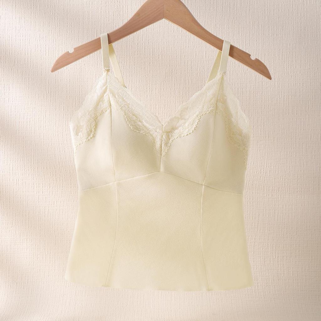 White-Enhancing V-Neck Lace Warm Camisole with Chest Pads - Women's Autumn/Winter Base Layer