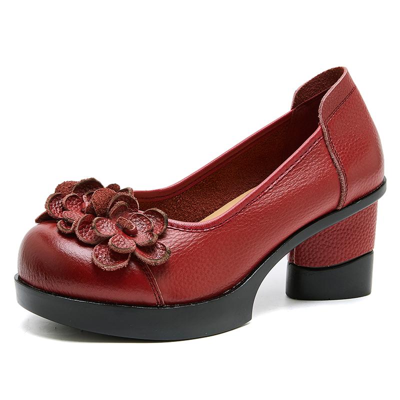 Mode GKTINOO 2025 Frühling Neu Ethnischer Stil Runde Zehe Hohe Absätze Schuhe Blume Plateau Retro Echtes Leder Pumps Damenschuhe