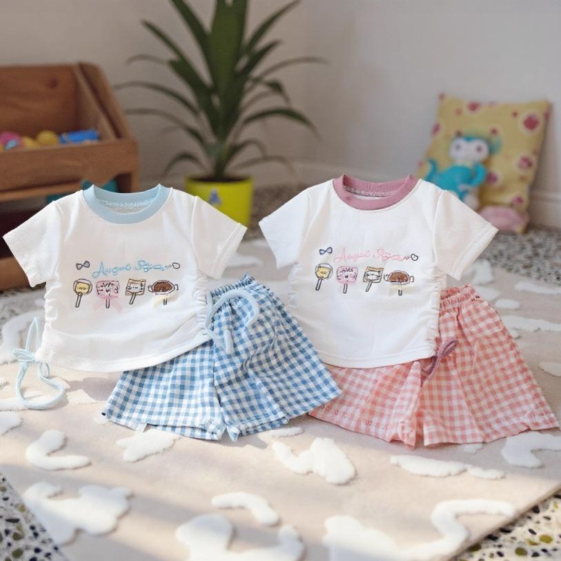 Girls Summer Cartoon Plaid Short Sleeve Top And Shorts Set Cute Baby Casual Two Piece Outfit