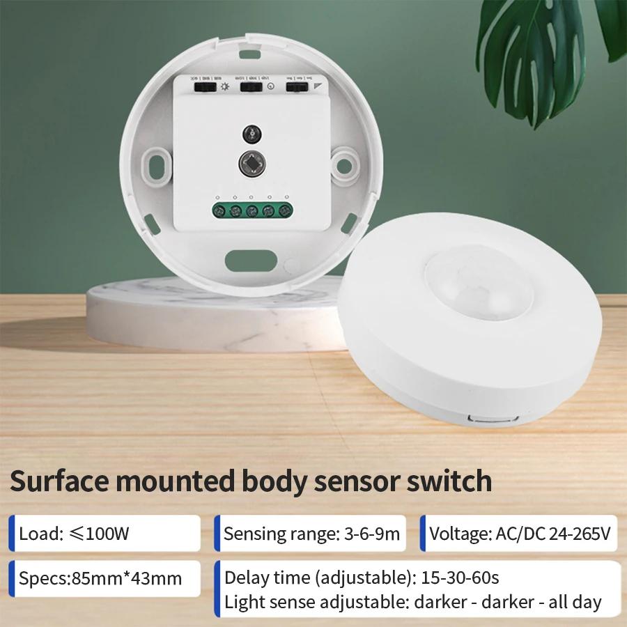 AC/DC24-265V PIR Super Slim Motion Sensor Light Switch Human Body Infrared Detector Ceiling Mounted 360 Degree Detecting Range