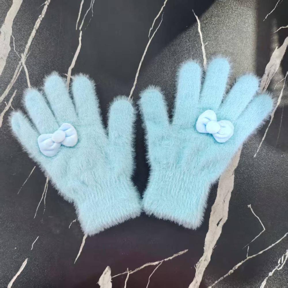 

Thickened Furry Gloves Bow Wool Knitted Warm Mittens Winter синій