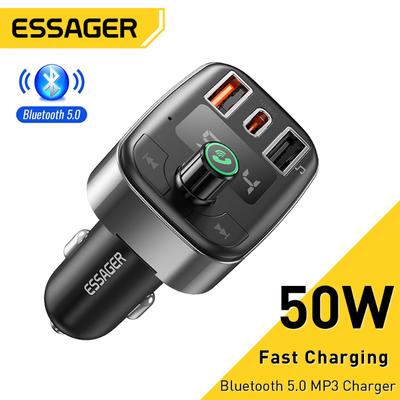 Essager 50W USB Car Charger For Phone FM Transmitter Bluetooth 5.0 Hands Free Car Kit MP3 Player Fast Charge Car Phone Charger