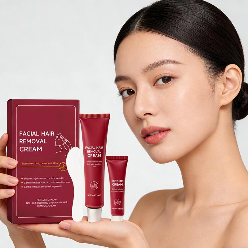 Набор: Крем для удаления волос на лице и Успокаивающий крем – Нежный для верхней губы, подбородка, щек | Замедляет рост волос, для чувствительной кожи, полный набор для ухода HAIR REMOVAL SET