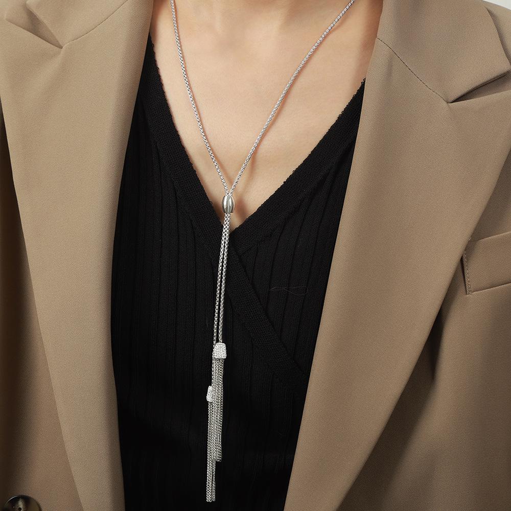 Tassel & Diamond Inlaid Titanium Steel Necklace - European & American Fashionable Design for Women