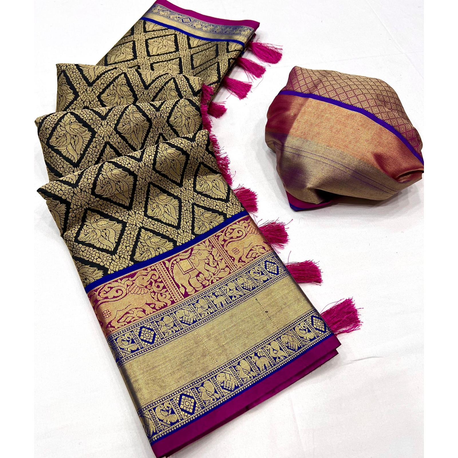 

Soft Kanjivaram silk saree with Zari weawing Pallu & Zari weawing contrast border with brocade silk blouse piece , shown in video
