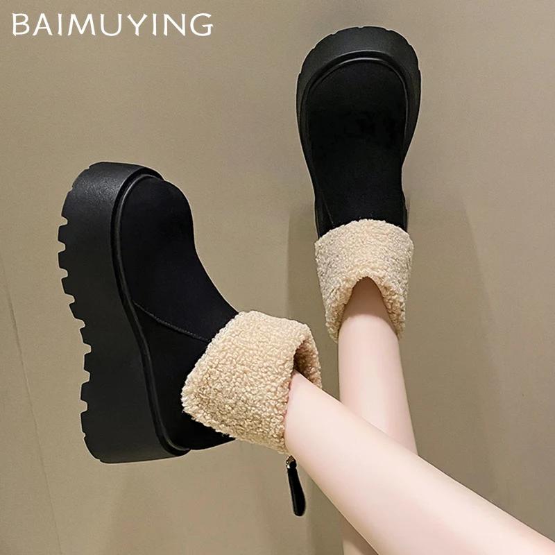 Kozačky dámské na platformě kožešinové kotníkové semišové krátké plyšové střední podpatky bavlněné boty 2025 trend teplé ležérní zimní nové boty pro ženy