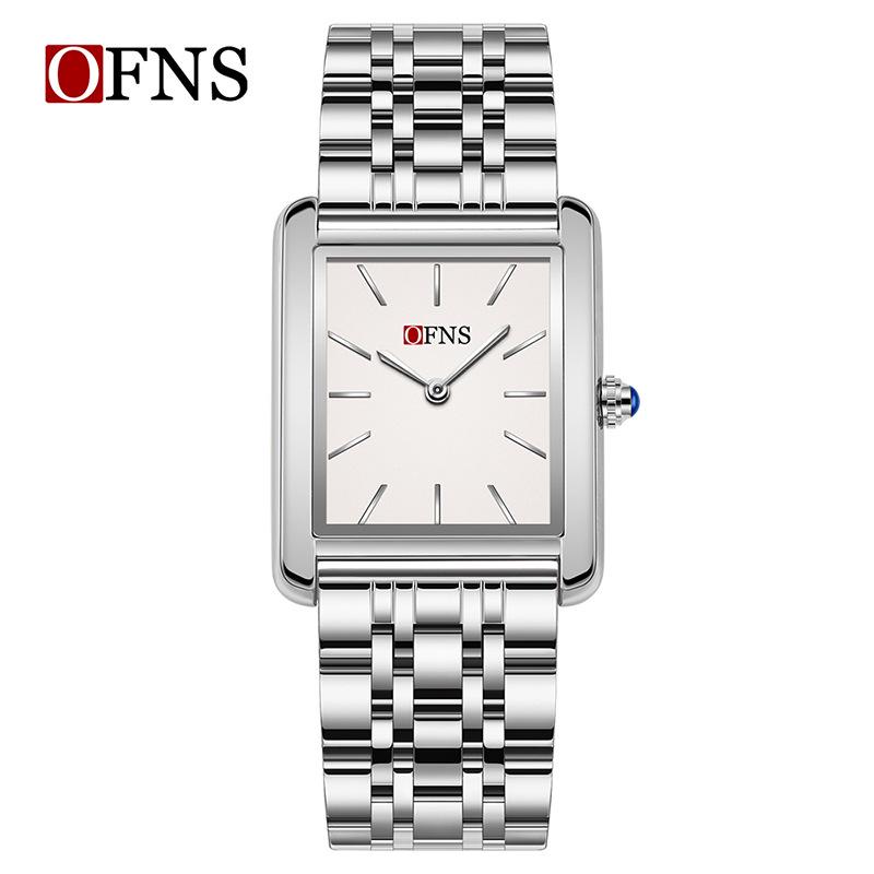 OFNS Women's Waterproof Stainless Steel and Leather Strap Square Fashion Quartz Watch