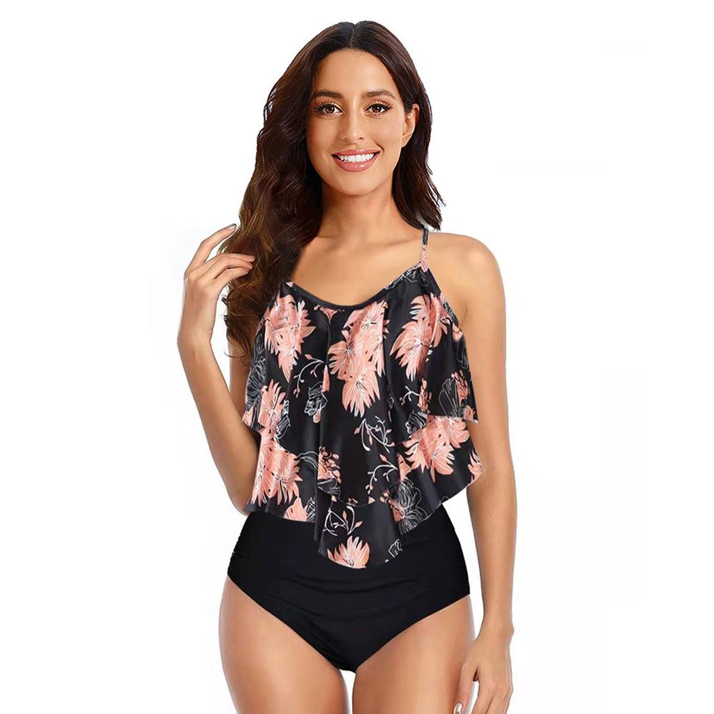 Damen Rüschen Volant Oberteil Hohe Taille Bikini Set Zweiteilig Bauchkontrolle Dezent Bedruckt Sommer Strand Badeanzug Bademode