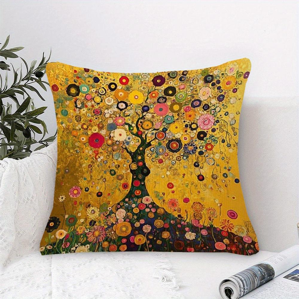 1Pc Gustav Klimt Inspires Tree Life And Floral Pillowcase - Golden Leaf Background, Vivid Single-Sided Printing, Zipper Closed