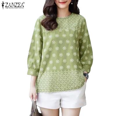 Lässige Bluse mit Rundhalsausschnitt und 3/4-Ärmeln und lockerem Print für Damen