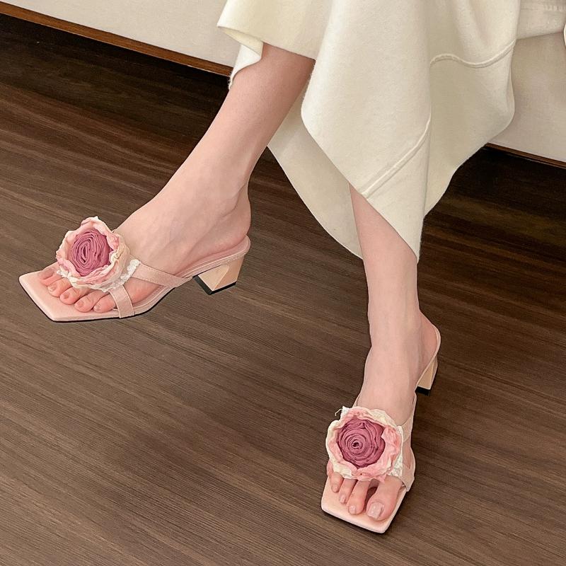Fashion Designer Flower High Heels Women Slippers Bead Heeled Sandals Woman Shoes Summer 2025 Trend Fashion Pumps Elegant Mujer Zapatos