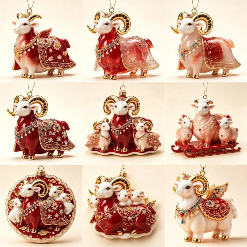 2D Flat Acrylic Christmas Hanging Pendant Red Gold Chinese Zodiac Goat Xmas Tree Ornament New Year Car Pendant
