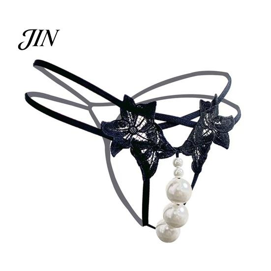 Open Crotch Thong Women's Sexy Faux Pearl G-String Thong, Low Waist Erotic Lace Embroidered Flower Underwear, Strappy Y-Back Stretch Panties Underwear