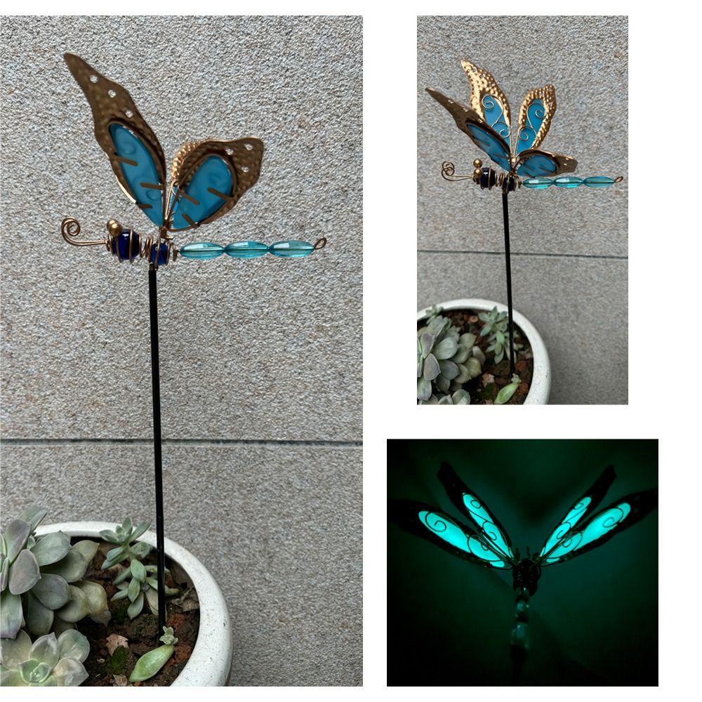 Micro Landscapes Decoration Metal Dragonfly Garden Stake Creative Colorful Garden Pile Art Luminous Ground Stake Flower Pot