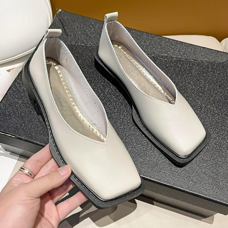 Xiaoxiangfeng Low-heeled Single Shoes Women's Pedal Scoop Shoes Square Toe Soft-soled Women's Shoes Spring and Autumn Peas Shoes