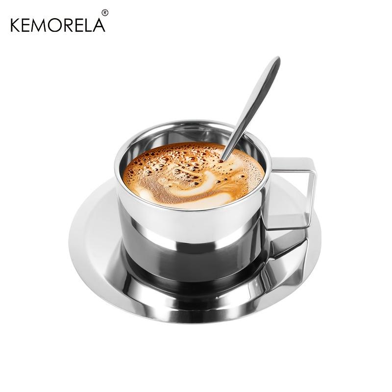 

1 шт. Чашки для эспрессо из нержавеющей стали 200 мл, кружки с двойными стенками, с блюдцами и ложками, термокружки для латте, капучино, чая 200ml