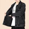 Men's Black Embroidered Loose Denim Jacket - Casual Autumn Plus Size Workwear