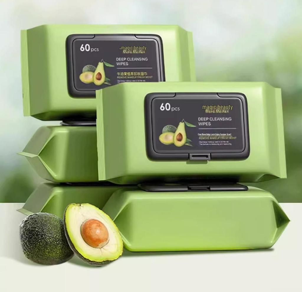 60 Avocado Makeup Remover Wipes - Deep Cleansing for Women's Face, Portable Cotton Pads, Disposable & Pop-Up Packaging