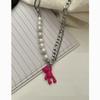 Pink Bear Pendant Necklace For Women Girls Cute Animal Jewelry With Pearl Chain