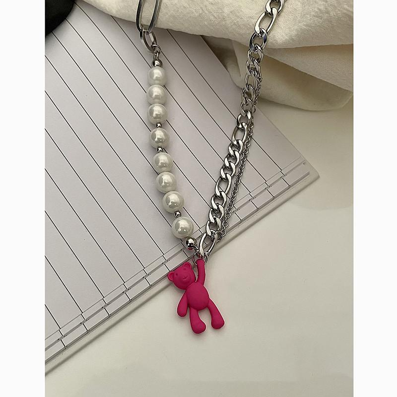 Pink Bear Pendant Necklace For Women Girls Cute Animal Jewelry With Pearl Chain
