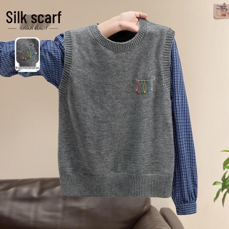 Women s Spliced Round Neck Long Sleeve Knit Top One Size